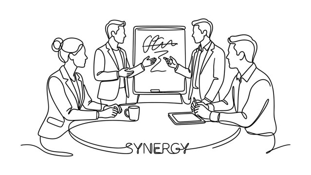 Continuous line drawing of a business meeting with synergy text. Continuous line style. Hand drawn. Line art. Vector design. illustration