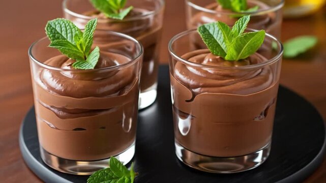 Four chocolate mousses in clear glasses garnished with fresh mint sprigs sitting on a round black tray atop a brown surface