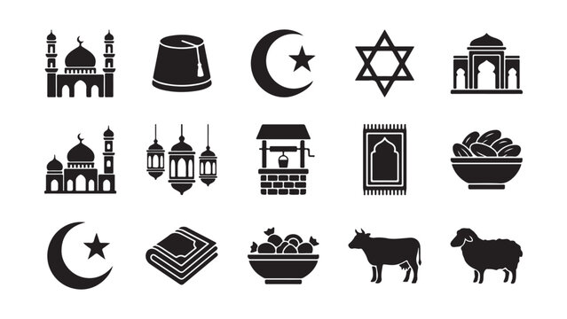 Diverse Islamic and Middle Eastern Culture Silhouette Icons Set