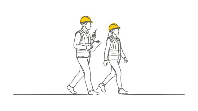 Continuous line drawing of two construction workers walking together. Continuous line style. Hand drawn. Line art. Vector design. illustration