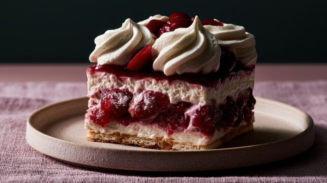 Artisanal berry cream cake slice resting on a ceramic plate with moody side lighting for luxury confectionery branding