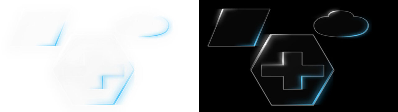 PNG image of Futuristic glass icons with glowing blue edges, 3D glossy geometric shapes and medical cross symbol, high-tech interface elements for UI design isolated on Transparent Background