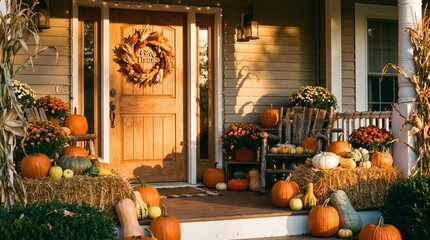 Autumn harvest decorations on wooden porch with pumpkins and wreath © FN Visuals