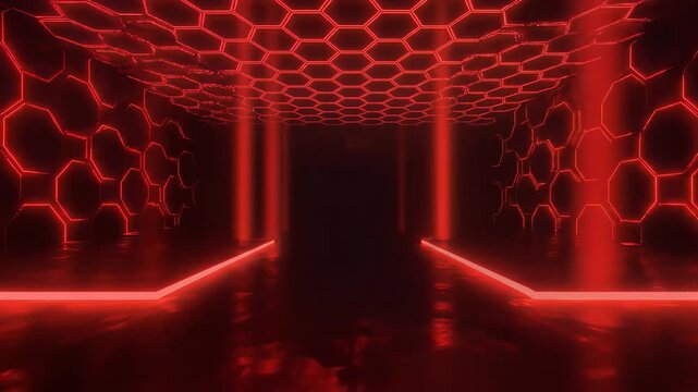 Futuristic red tunnel animation, cinematic forward dolly through a sci-fi corridor with glowing hexagonal patterns and pulsating neon lights on a reflective floor, a seamless loop representing