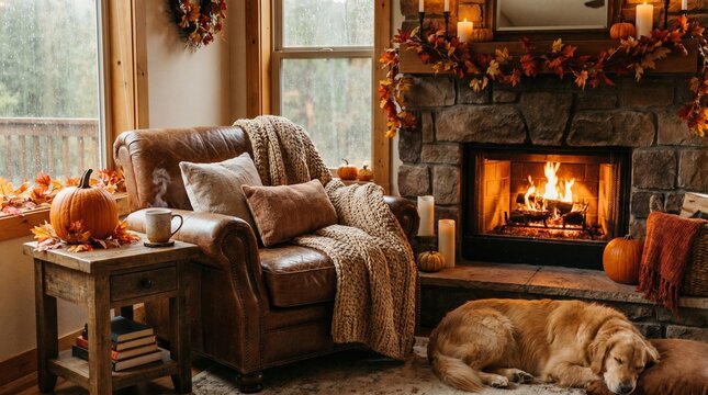 Cozy living room with fireplace and autumn decor during evening relaxation