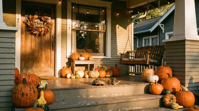 Halloween pumpkins and autumn decor on front porch at night with fire pit
