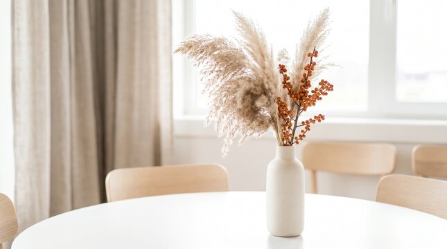 Dried pampas grass bouquet in vase on round dining table near window