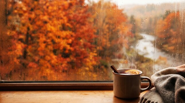 Steaming mug of coffee beside window with autumn foliage view