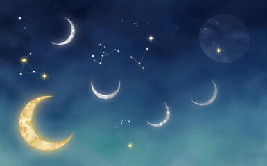 Fototapeta premium Celestial scene with glowing stars crescent moons and a soft blue