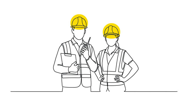 Continuous line drawing of two construction workers in hard hats. Continuous line style. Hand drawn. Line art. Vector design. illustration