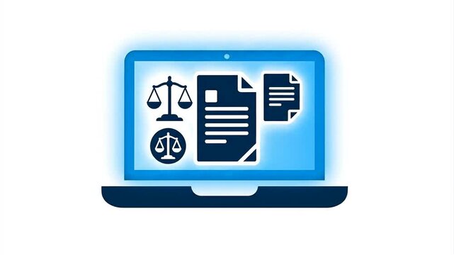 A digital illustration of a laptop providing legal advice and counseling on law documents.
