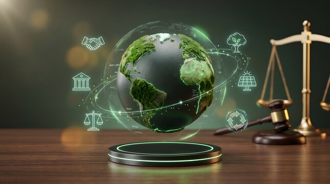 Holographic green earth globe with ESG icons next to judge gavel and scales of justice symbolizing environmental law and sustainability regulations.