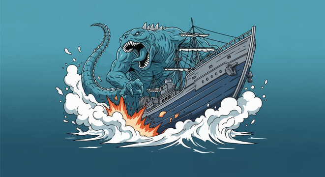 Vector illustration of a giant blue reptilian sea monster with sharp teeth and claws attacking a large wooden sailing ship amidst splashing ocean waves and stylized foam.