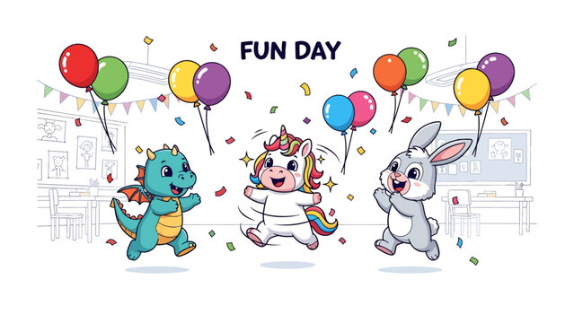 Fun Day Celebration: Animated characters, including a dragon, unicorn, and rabbit, frolic in a vibrant setting, amidst festive balloons and confetti, epitomizing the joyful spirit of a fun-filled day.