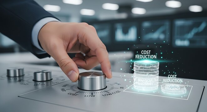 Cost optimization concept. A financial analyst's hand turns a knob that lowers a holographic stack of 'coins', representing cost reduction and financial efficiency.