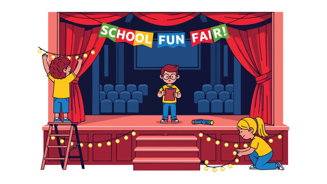 Preparing for School Fun Fair: A lively illustration of children busily preparing a school stage for a fun fair, filled with colorful decorations, lights, and anticipation.
