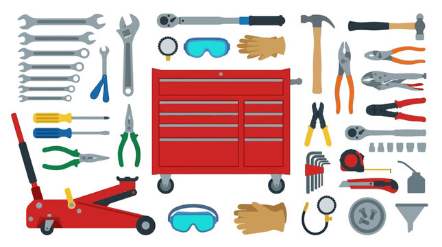 Red Tool Box with Various Tools.