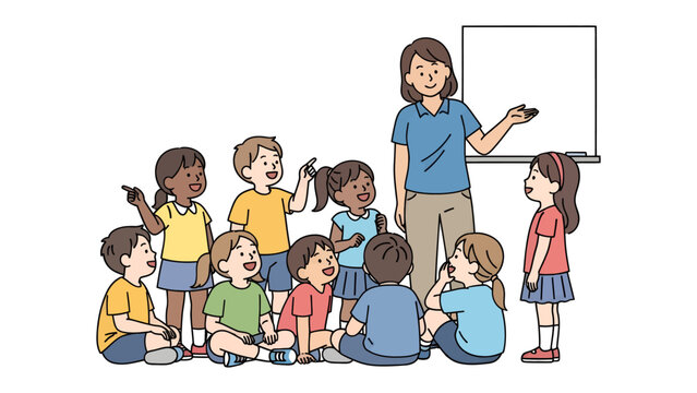 Classroom Interaction: A vibrant scene captures the essence of a classroom, where a teacher and diverse students are engaged in an active learning environment.