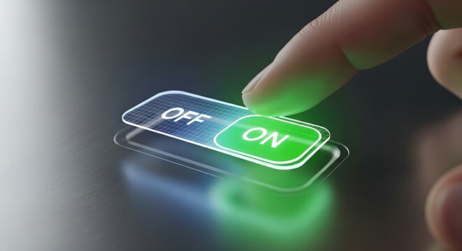 Service activation concept. A close-up of a finger sliding a holographic 'toggle button' to the 'ON' position, which lights up in green, symbolizing service activation.