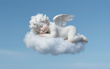 Fototapeta premium Cute angel sleeps peacefully on fluffy cloud against clear blue sky.