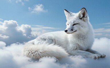 Obraz premium White fox rests peacefully atop fluffy clouds under a bright blue sky.