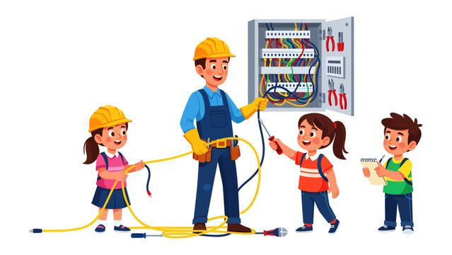Young Engineers at Work: An enthusiastic electrician guides children in a captivating session, with a focus on education and nurturing an early interest in the field of electricity.