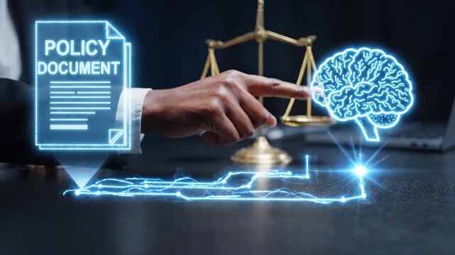 Policy document neural network legal balance justice evoke trust AI regulation ethics compliance hologram scales contract signing