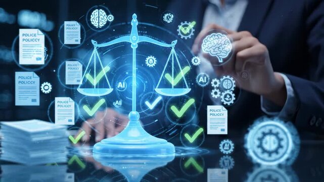 Legal policy ai compliance justice balance scale technology futuristic regulation trust calm hologram courtroom lawyer pointing