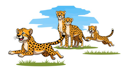 Cheetah Family Adventure: A lively illustration of a cheetah family joyfully playing outdoors, portraying the essence of wild nature and familial bonds. © Azizun