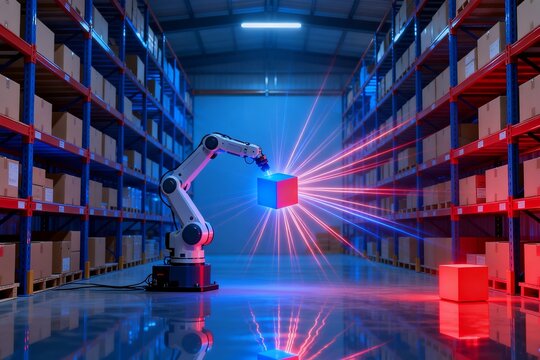Robot arm in warehouse with glowing cube