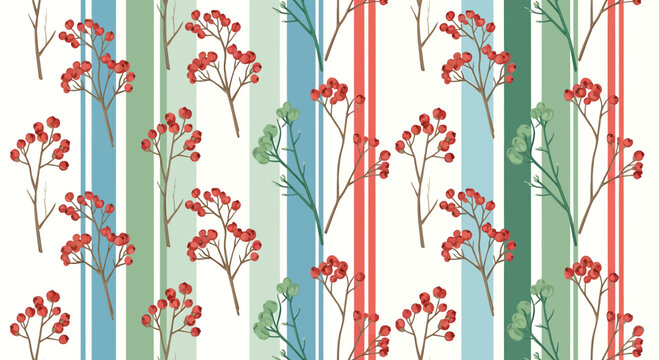 Red berry branches on colorful vertical striped background