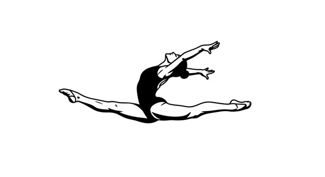 Minimalist line art illustration of a female gymnast performing a grand jete or split jump.