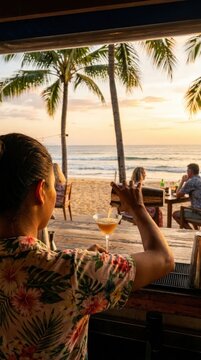 Bartender pouring cocktail at beach bar at sunset