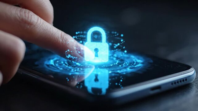 Finger touching phone screen hologram padlock lock secure smartphone lock icon glowing blue protective touchscreen security aura
