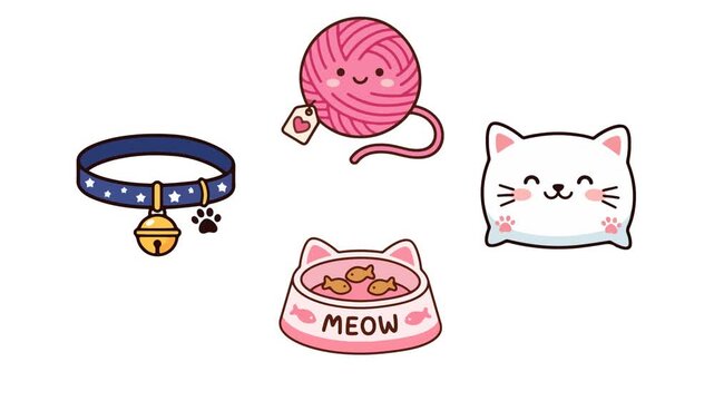 Cute cat accessories and a happy kitten face floating in this playful vector animation motion design for children media