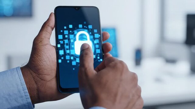 Secure smartphone fingerprint touch padlock and digital hologram network mobile screen conveying data security privacy protection