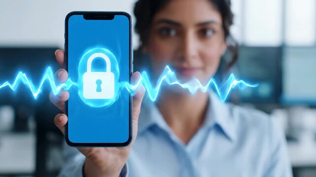 Secure mobile phone lock security biometric waveform phone smartphone unlock confirmation portrait woman relieved secure access