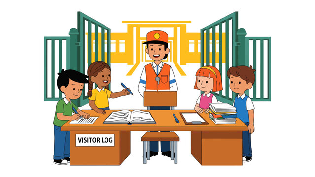 School Entry Protocol: A friendly school personnel greets a group of young students at a welcoming entrance, where the process of signing the visitor log commences.