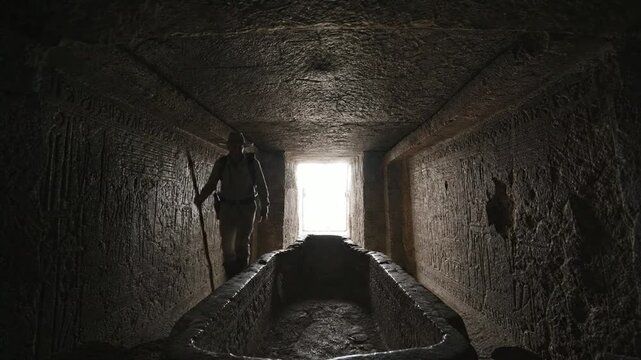 Explorer Entering Ancient Egyptian Tomb with Stone Sarcophagus and Hieroglyphs