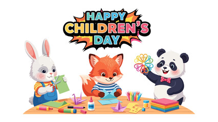 Fototapeta premium Children's Day Celebrations: A charming scene unfolds, as a trio of adorable animal friends gathers to create colorful crafts, their joyful spirits radiating through their artful creations.