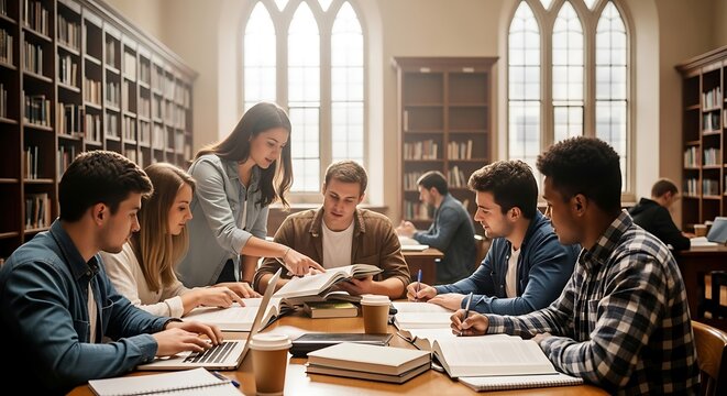 Diverse group of students collaborating on studies in a grand library with bookshelves and arched learning space students working group study university library college students