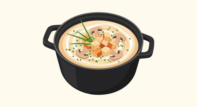 Vector illustration of creamy mushroom soup in a black pot topped with sliced mushrooms, toasted bread croutons, fresh chives, and cream swirls, isolated on a light background.