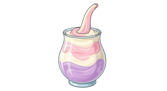 Vector illustration of a tri-color layered yogurt parfait in a glass jar, featuring purple, white and pink swirled layers with a thick swirl on top, isolated on white background.