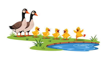 Family of Geese: A heartwarming scene unfolds as a family of geese and their adorable ducklings enjoy a sunny day by a serene pond. This image radiates happiness, family unity. © Jannat