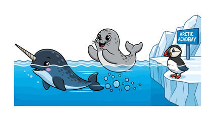 Arctic Friends' Adventure: A playful narwhal, a friendly seal, and a curious puffin embark on an exciting Arctic journey, representing the beauty and wonder of the frozen north. © Abu