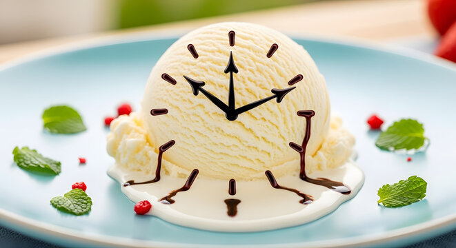 Melting vanilla ice cream scoop creatively decorated as a clock face with chocolate on a blue plate