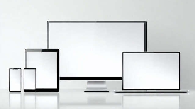 Smartphones, tablet, laptop and desktop monitor with blank screens on white surface, perfect for responsive website mockups, app presentation and UI