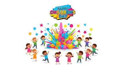 Fototapeta premium Colorful Celebration of Childhood: A vibrant and joyful illustration captures a circle of smiling children celebrating, surrounded by bursts of color and the message Happy Children's Day.