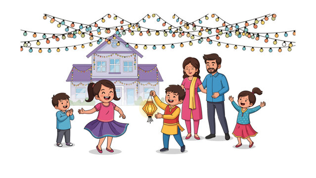 Joyous Family Festival Celebration: A radiant family, celebrating together, surrounded by festive decorations under the warm glow of string lights and against the backdrop of an inviting home.
