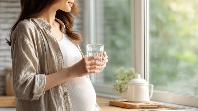 A woman in late pregnancy stands in a kitchen holding a glass of water and a bottle of vitamins while looking out the window in morning light.